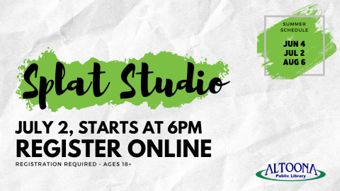 splat studio, July 2nd at 6pm, registration required 
