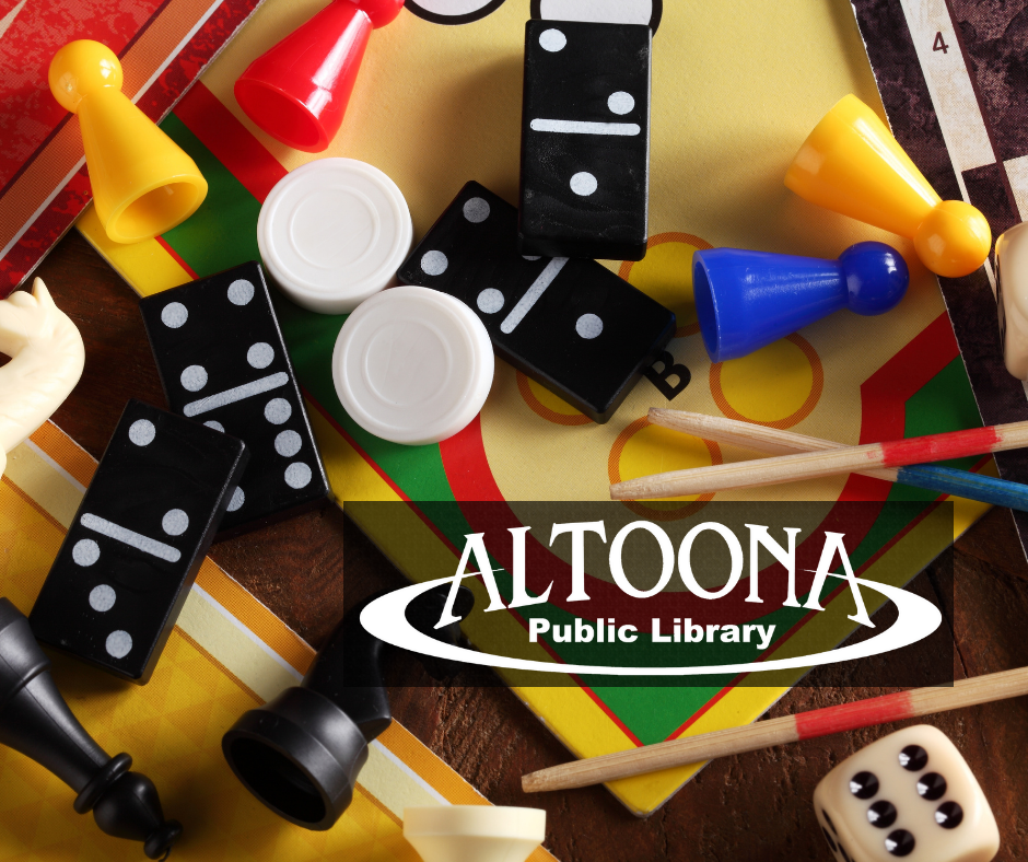 Scattered game pieces with library logo bottom right