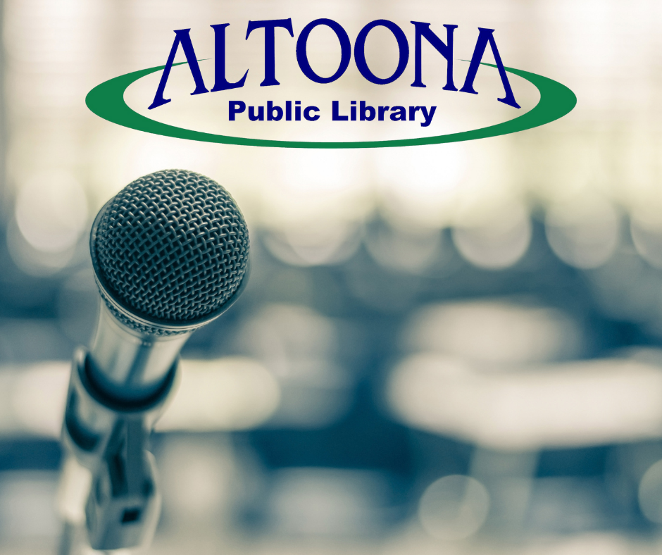 Microphone with blurred classroom in back, library logo near top