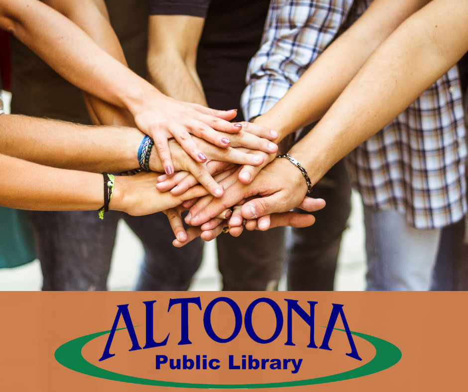 Group of people with hands extended in middle. Orange box at bottom with library logo.