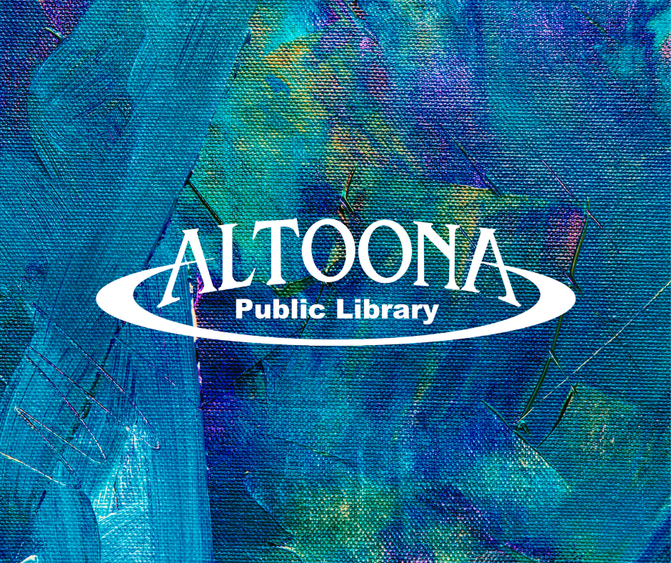 blue and green abstract canvas with library logo