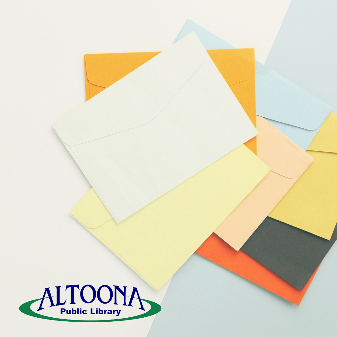 picture of multi-color envelopes and library logo