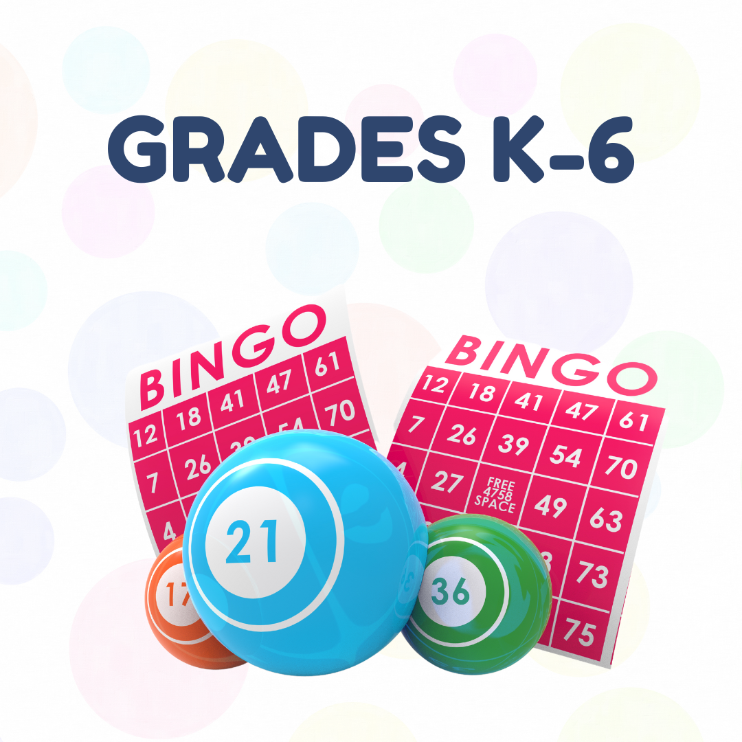 picture of bingo cards and ball with words grades k through 6