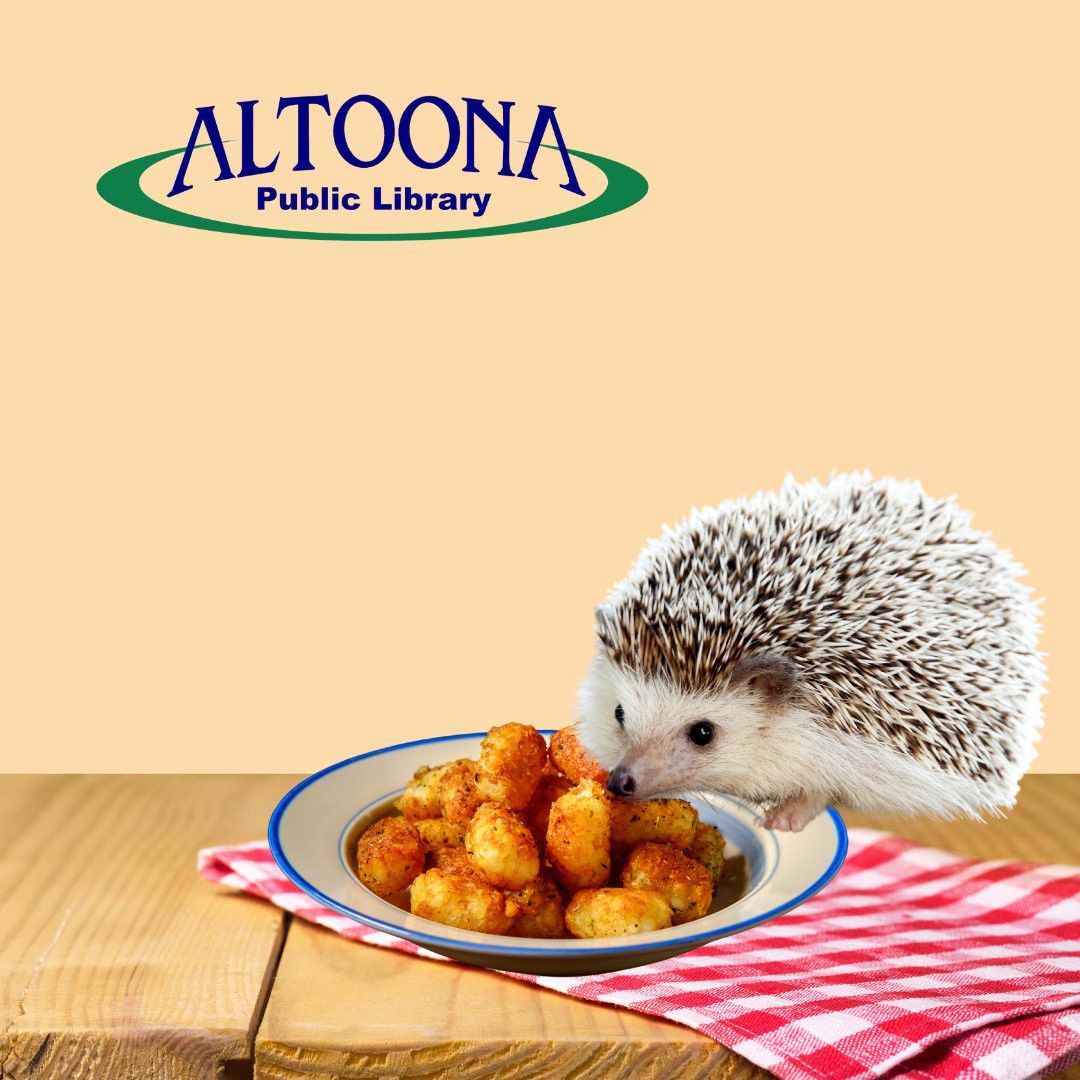 hedgehog with a bowl of tater tots on a table and checkered napkin