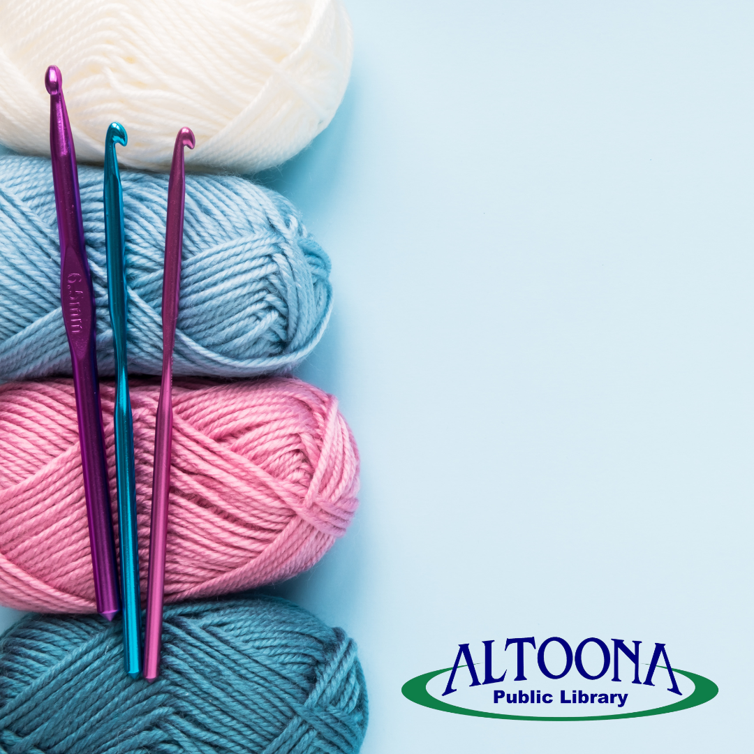 picture of yarn and crochet needles and library logo
