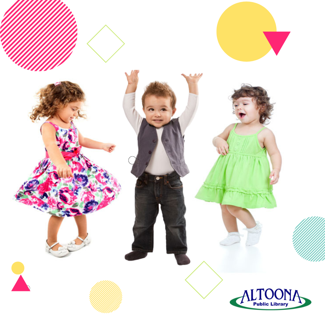 three children dancing with colorful shapes around them