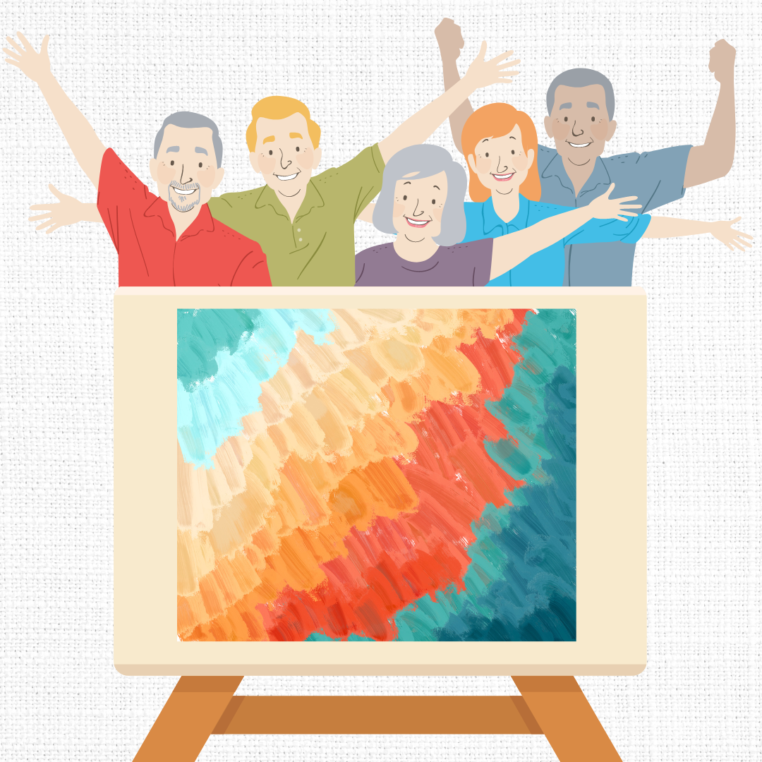 group of senior citizens behind an easel with a painting