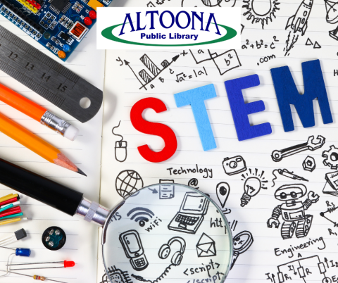 Science related tools, graphics of robots, technology, circuits and drafting and drawing tools with STEM written over the top